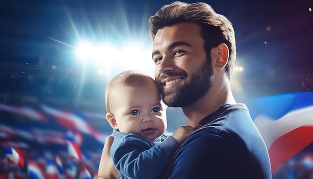 Father and child cheerleader at stadium at sports game