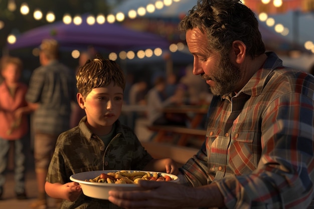 Father and child at a food festival