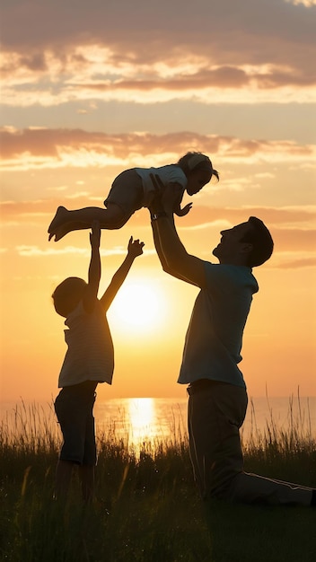 Father and child playing the sunset time concept of friendly family