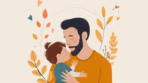 A father and child sharing a tender moment surrounded by clean lines and bright colors