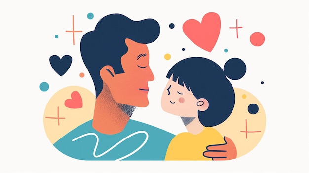 A father and child sharing a tender moment surrounded by clean lines and bright colors