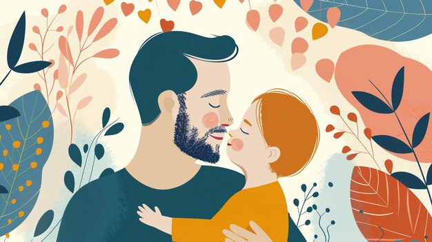 A father and child sharing a tender moment surrounded by clean lines and bright colors