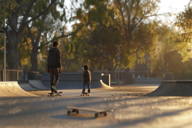 Father and child at a skateboarding park