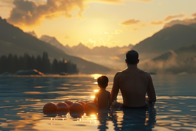 Father and child at a water sports event