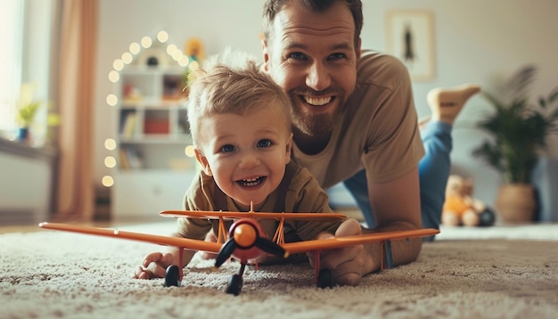 Father and child with happy moment represents love of family in Fathers Day