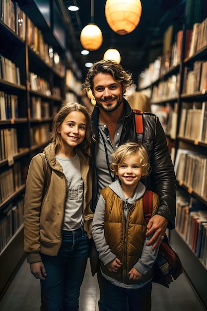 Father and children are walking through a big bookstore with shelves with many books looking to