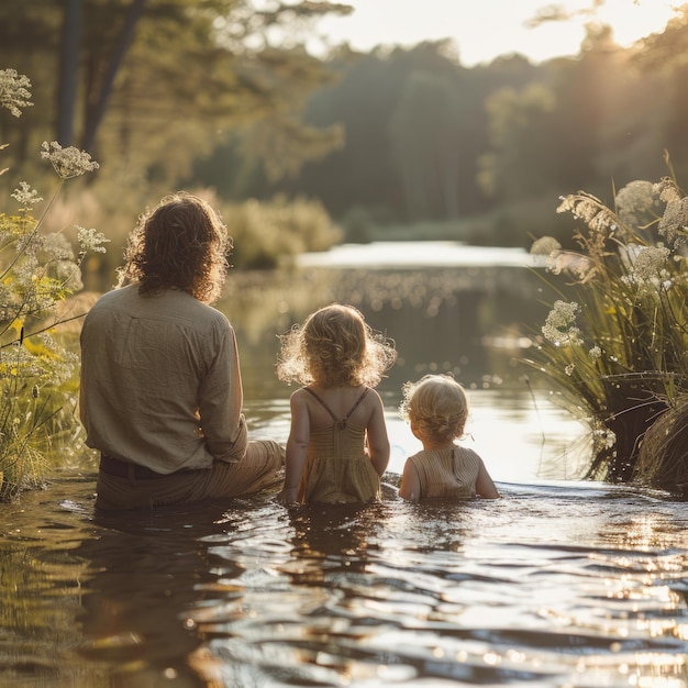 a father and children are in the water and the boy is sitting in the water