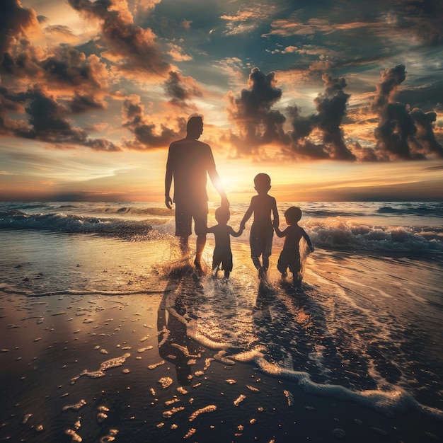 Father and children on the beach at sunset Concept of friendly family