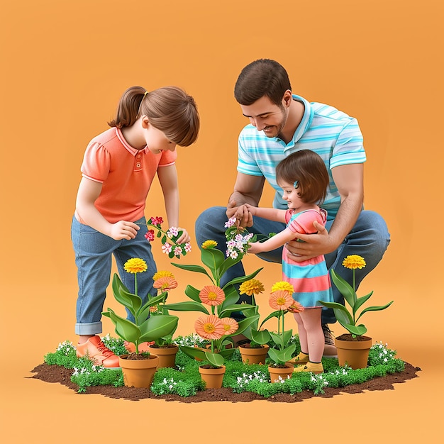 Father and Children Gardening