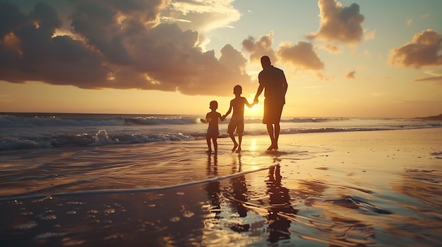 Father and children playing on the beach at the sunset time Concept of friendly fami Generative AI