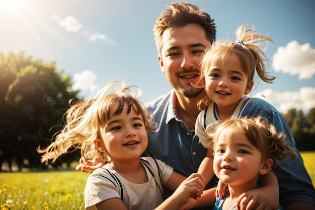 a father and children pose for a photo in the park