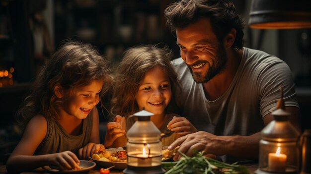 Father and children prepare food