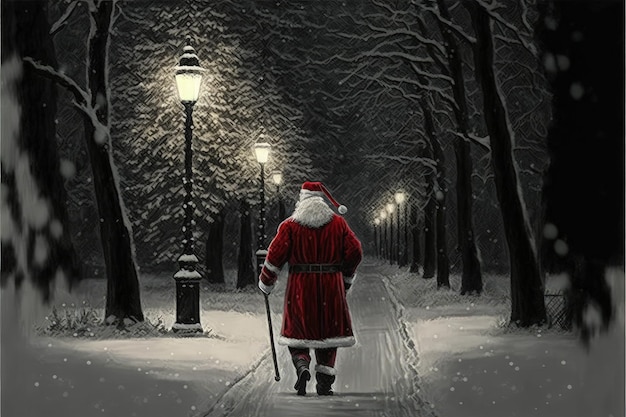 Father Christmas in snowy winter pathway in the park with yuletide lights on trees Fantasy concept Illustration painting Generative AI