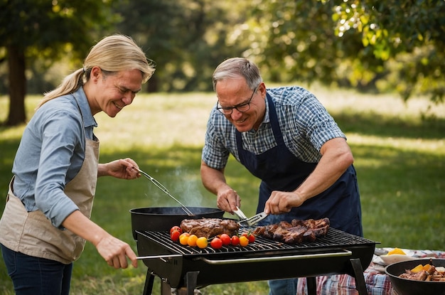 Photo father cooking barbecue on picnic