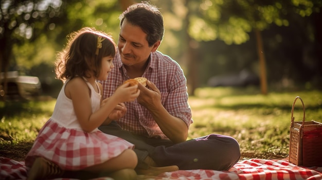 A father and daughter are sitting on a blanket in a park, eating a sandwich.