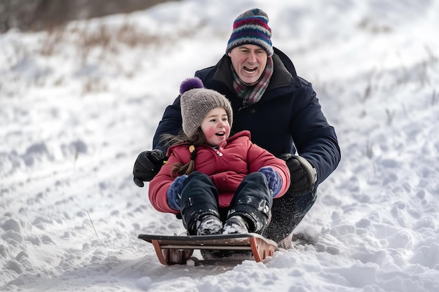 Father and daughter are sledding down the snowy slope of a fun mountain Ai generated