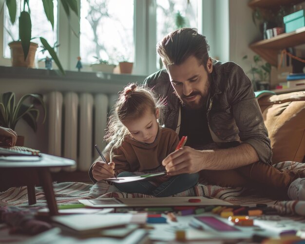 Photo father and daughter bond creatively at home enjoying quality time together in a heartwarming moment