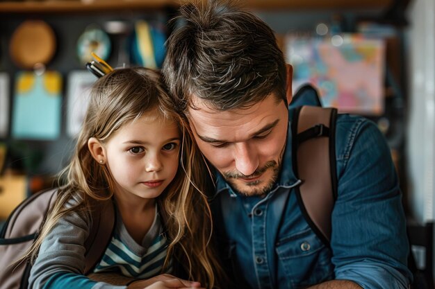 Photo father and daughter bonding over homework in cozy homeschooling environment