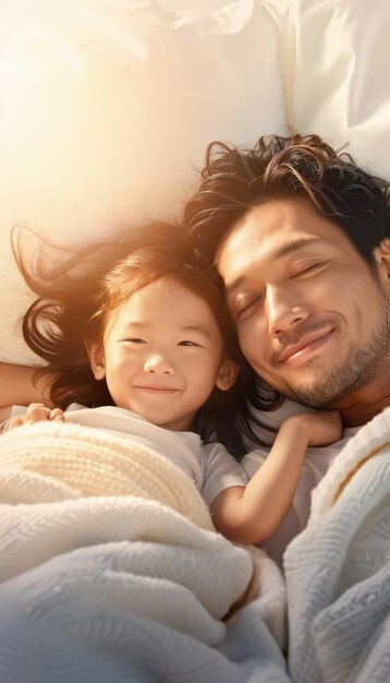 Father and Daughter Bonding Smiling Family Moment in Bed Morning Light Happiness Love Warmth