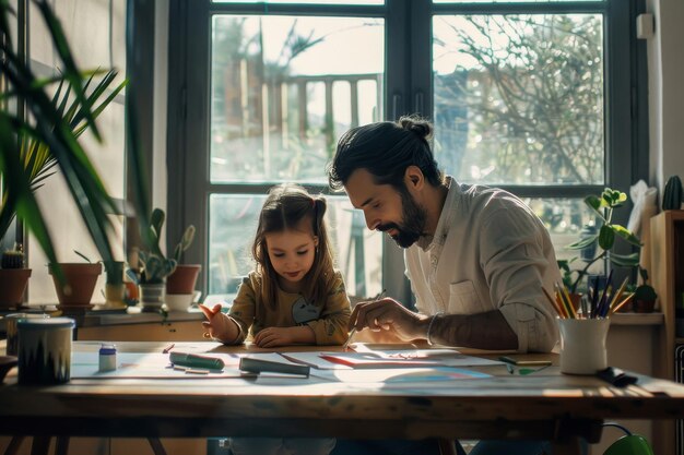 Father and daughter bonding through creative activities together at home enjoying quality time