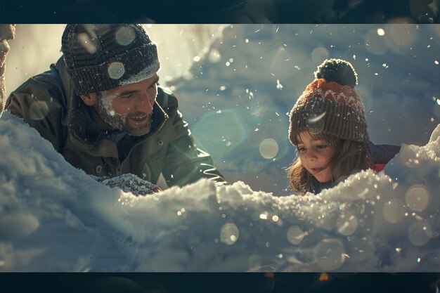 Father and daughter building a snow fort together