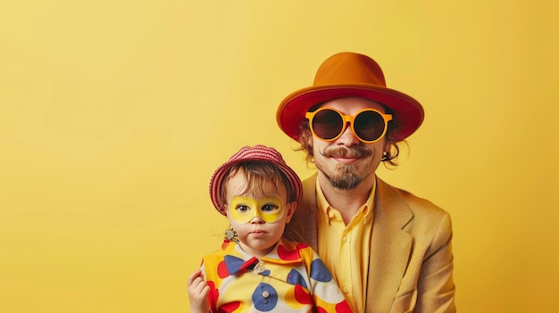 father and daughter in disguise against yellow backdrop celebrating April Fools Day in style