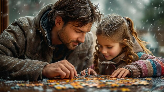 father and daughter doing a puzzle on a rainy day