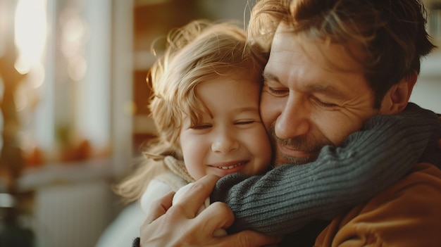 Photo father and daughter embrace in a warm hug