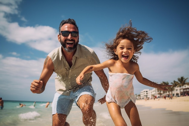 father and daughter family having fun together on beach family vacation