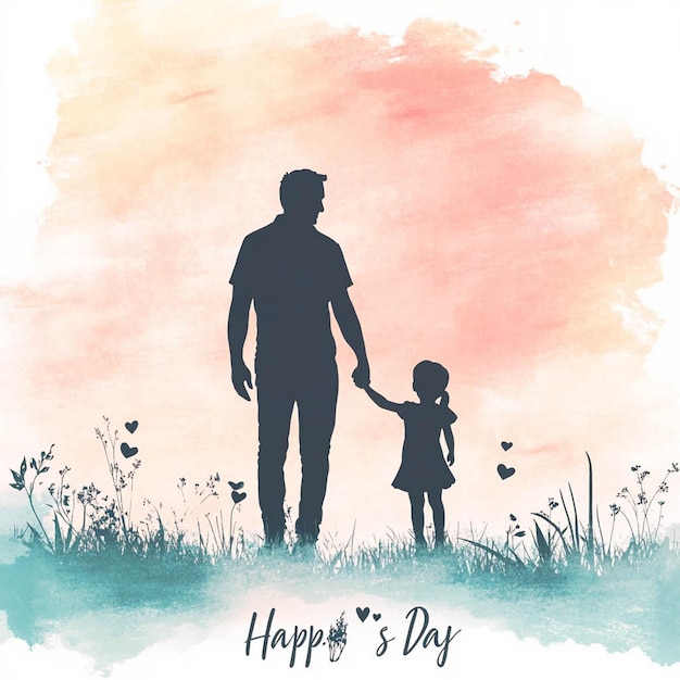 Photo a father and daughter in a field with a pink and blue sky and a pink and red background