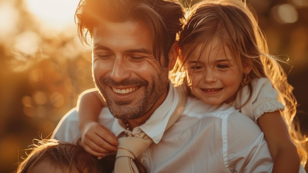 father and daughter in a field with sun shining behind them