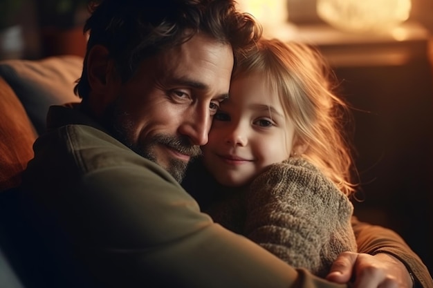 A father and daughter hug in a dark room.