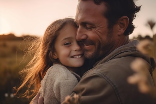 A father and daughter hug in a field of wheat.