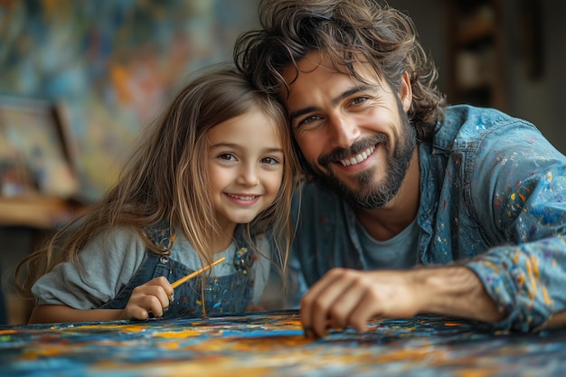 Photo father and daughter joyfully painting together in a bright cozy studio during the afternoon