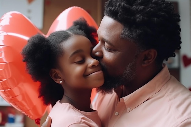 A father and daughter kiss in front of a red heart balloon Fathers Day