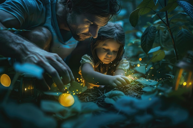 A father and daughter planting seeds in the forest with their hands illuminated by the soft glow of fireflies at night