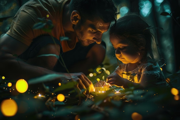 A father and daughter planting seeds in the forest with their hands illuminated by the soft glow of fireflies at night