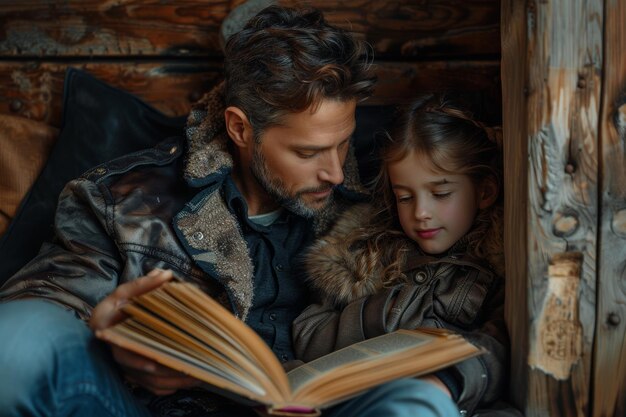 Father And Daughter Reading Books Together In Cozy Cabin