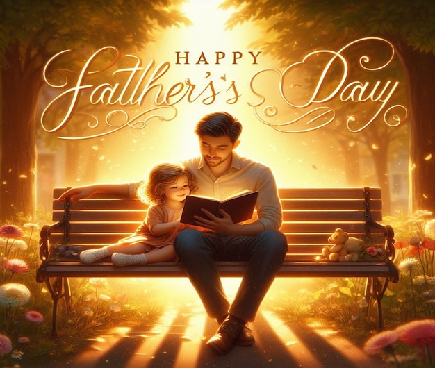 a father and daughter sitting on a bench reading happy fathers day