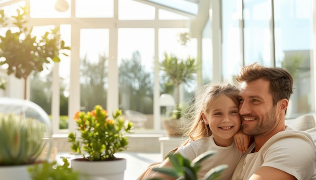 Father and Daughter Smiling and Embracing in a Sunlit Room with Indoor Plants Showcasing Family