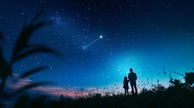 Photo a father and daughter stand silhouetted against a starry night sky gazing up at a shooting sta