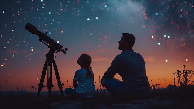 father and daughter stargazing with a telescope