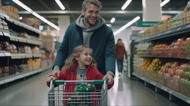 father daughter in supermarket background