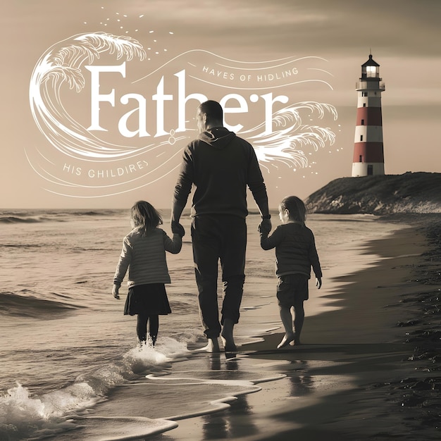 a father and daughter walk along the beach with a lighthouse in the background