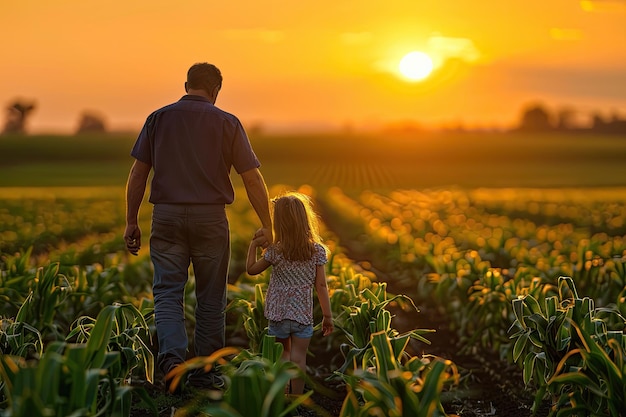 Father and daughter walk hand in hand in corn field at sunset family farm growing organic corn for agriculture industry