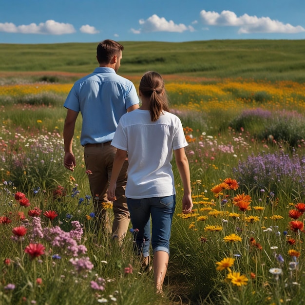 a father and daughter walk through a field of flowers with blue sky