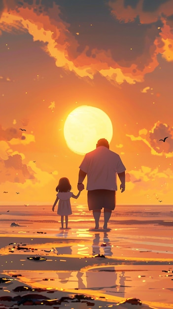 father and daughter walking on the beach at sunset