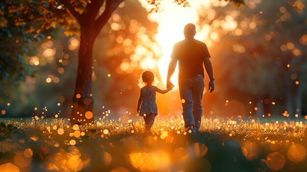 Photo father and daughter walking in the sunset