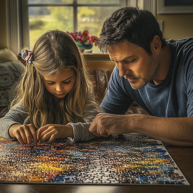 Photo a father and daughter working on a puzzle in the living room concentrating on fitting the pieces