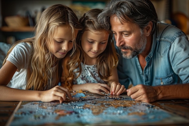 Photo father and daughters working together on a world map puzzle